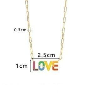 Gold Stainless Steel Rainbow LOVE Enamel Paperclip Chain Pendant Necklace Womens